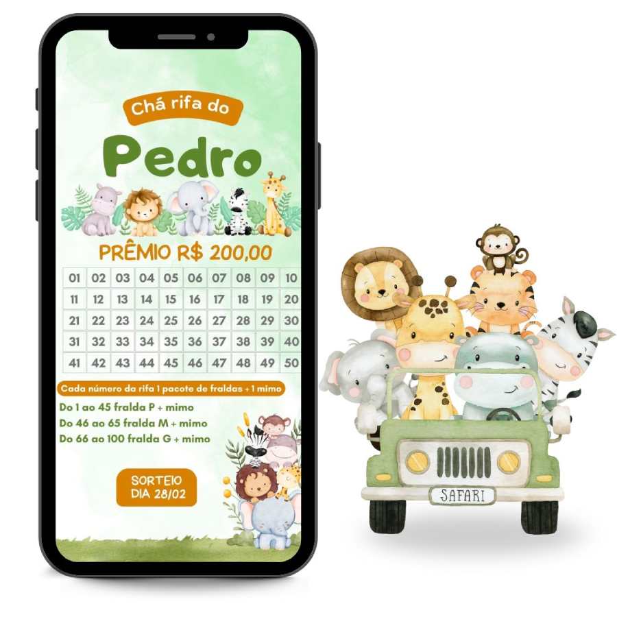 Convite digital animado para chá rifa tema safari com animais da selva, personalizado e enviado pelo WhatsApp em até 24h.